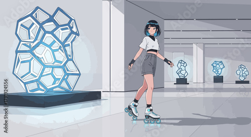 Anime-Style Roller Skater Strolls Through Modern Art Museum With Geometric Sculptures