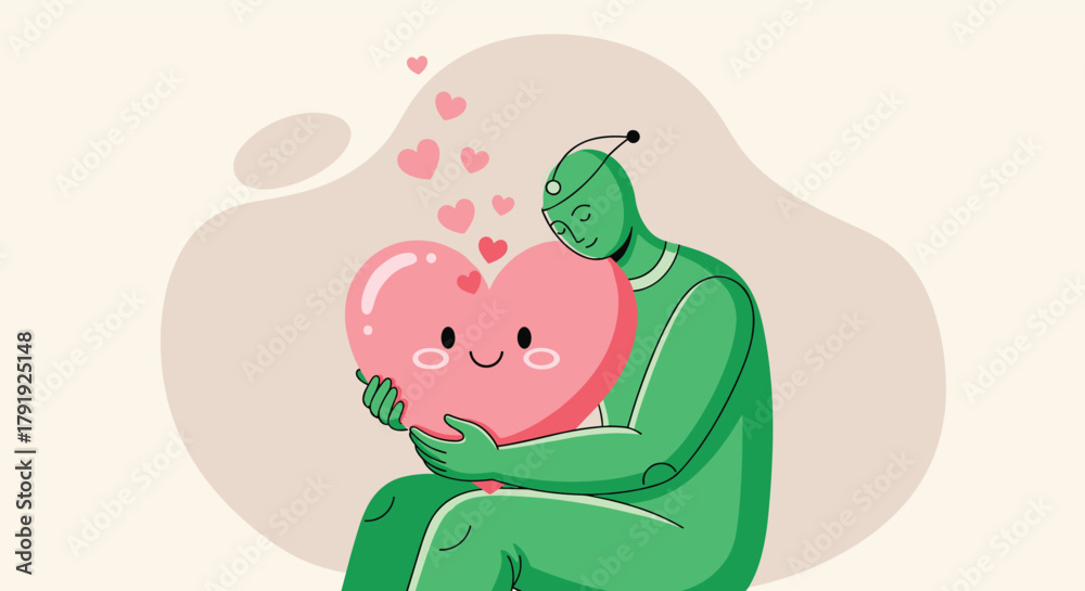 Naklejka premium A cheerful green humanoid figure with closed eyes lovingly embraces a happy pink heart, surrounded by floating smaller hearts, symbolizing warmth and affection.