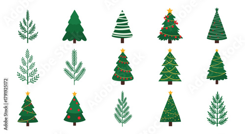 A collection of diverse cartoon-style Christmas trees and evergreen branches, some decorated with lights and stars, suitable for holiday designs.