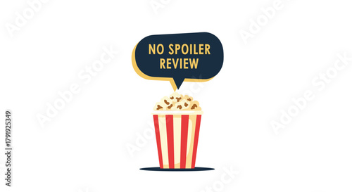 An illustration featuring a classic red and white striped popcorn bucket with a dark blue speech bubble overhead proclaiming \.