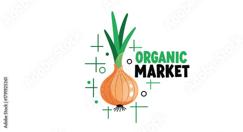 An illustrative logo featuring a cartoon onion with green sprouts, surrounded by abstract green geometric shapes, alongside the text 'ORGANIC MARKET'.