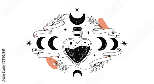 Mystical heart-shaped potion bottle illustration with crescent moons, stars, and foliage, evoking themes of magic and celestial wonder.