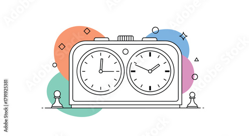 Line art illustration of a classic dual-faced chess clock flanked by two pawn pieces, set against a background of abstract colorful shapes.