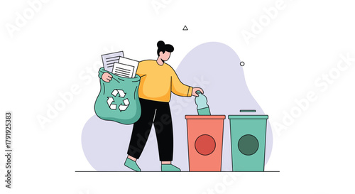 A person responsibly sorts plastic bottles and paper into separate recycling bins, promoting sustainable waste management for a cleaner environment.