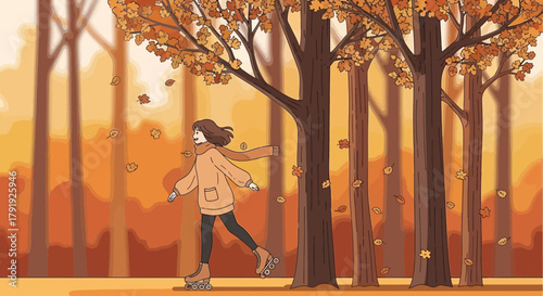 Autumnal Escapade: A Roller-Skating Journey Through a Vibrant Forest Scene