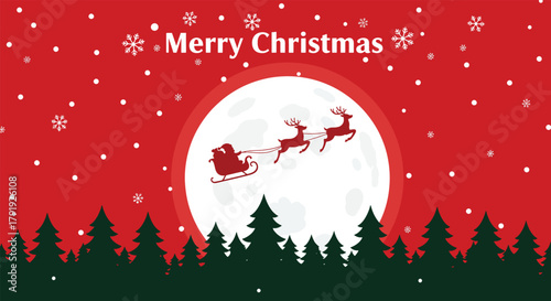 Merry Christmas: Santa's Sleigh Over Moonlit Forest With Snowflakes And Trees