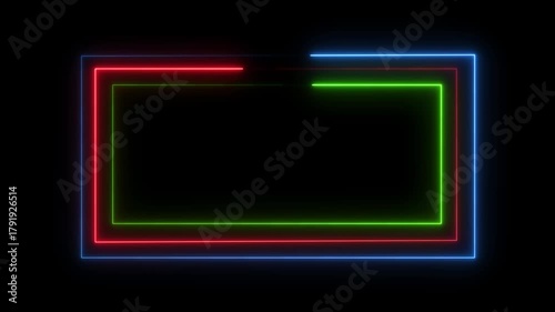 Colorful neon frame light line running loop square black overlay, Place it over your footage in add or screen mode or use as background.4k video