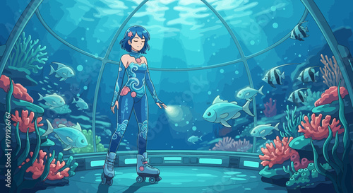 Anime girl roller skates in a mesmerizing underwater biodome full of aquatic life