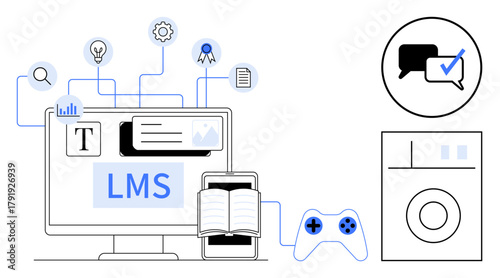 Computer screen with LMS interface, book, gaming controller, icons for search, settings, message, badge. Ideal for education, e-learning training gamification technology content creation user