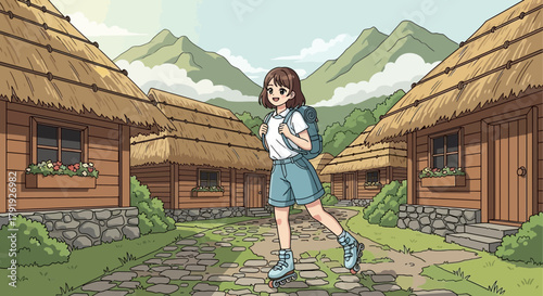 Animated girl rollerblading through a quaint village with mountains backdrop