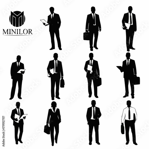 Silhouettes of Business Professionals in Various Poses and Attire.