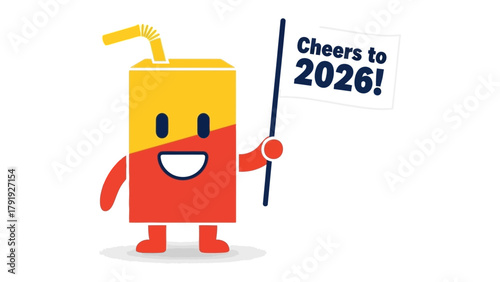 Juice Drink's Cheers: An anthropomorphic juice box character waves a celebratory flag, toasting the future