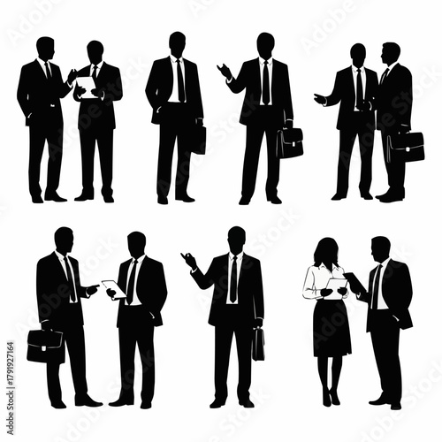 Silhouettes of Business People in Various Poses and Interactions.