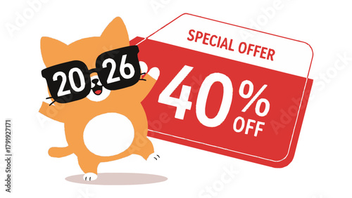 Purrfect Offer: A cheerful cat character sports cool glasses and unveils a tempting Special Offer sign, showcasing a generous 40% discount.