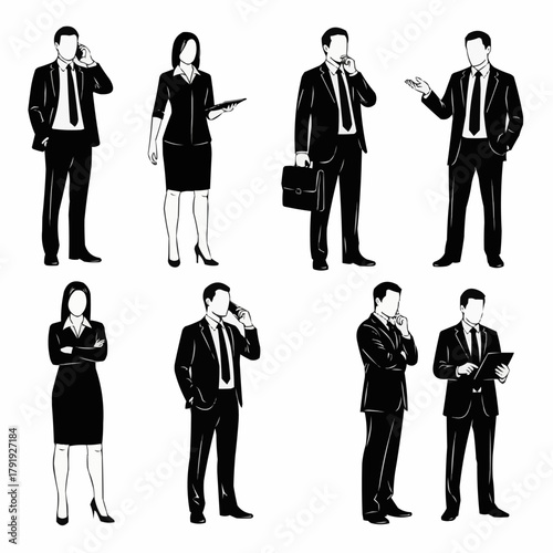 Business professionals in suits and dresses, diverse group, various poses, communication.