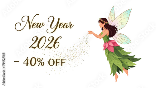 Enchanted New Year Discount: A whimsical illustration showcases the festive spirit with an adorable fairy announcing a discount offer for the upcoming year 2026. Perfect for promotional purposes!