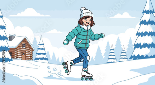 Cartoon girl roller skating in a snowy mountain landscape near a wooden cabin