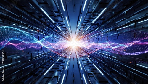 Fototapeta Naklejka Na Ścianę i Meble -  Futuristic Digital Tunnel with Glowing Energy Waves and Light Streaks