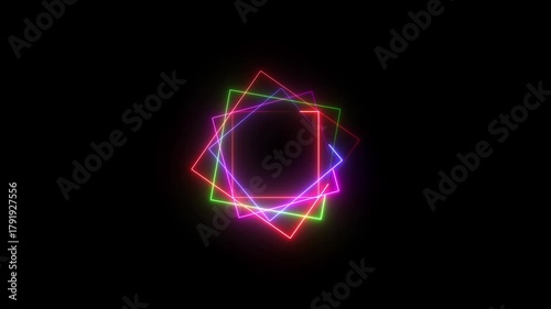 Colorful neon frame light line running loop square black overlay, Place it over your footage in add or screen mode or use as background.4k video