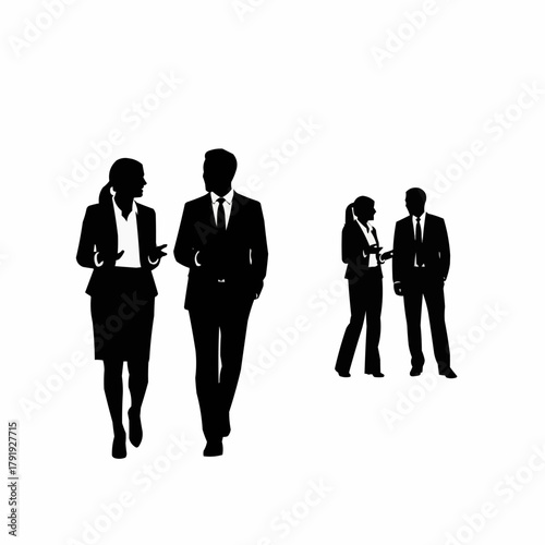 Silhouettes of business men and women walking and talking.