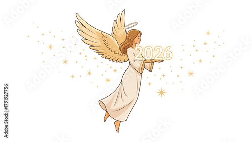 Angel of the Future: An angelic figure gracefully holds the year 2026 aloft, a celestial messenger bringing hope and anticipation for the future.