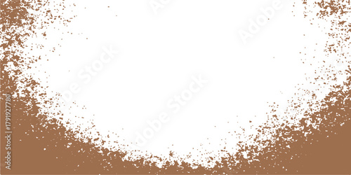 Abstract vector illustration of a grunge background texture with black ink paint splatter, coffee-coloured dust, and a dirty pattern border