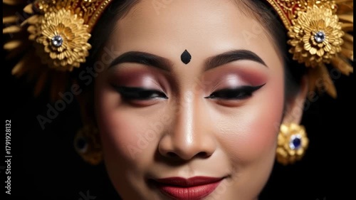 Closeup of a young woman with traditional ornate gold jewelry and elaborate makeup