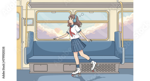 Anime girl roller skating on train during sunset in a stylized cartoon illustration