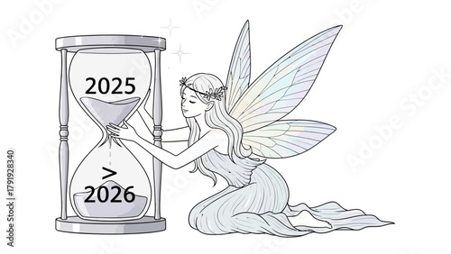 Time's Delicate Touch: A fairy interacting with an hourglass. The illustration captures the essence of time, with a fairy and an hourglass. A thought-provoking conceptual illustration.
