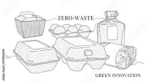 Biodegradable Packaging Made from Coir Fiber — High-Quality Black Continuous Line Art Emphasizing Zero-Waste and Green Innovation 