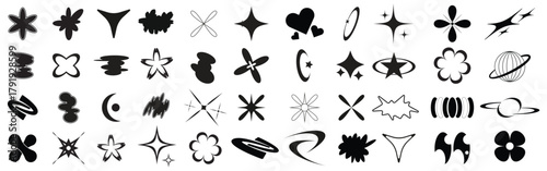 Y2K Vector. Vector Graphic Assets Set. Brutalist abstract geometric shapes. Y2K Geometric design element shapes. Figures, stars, spiral flower and circles Retro futuristic graphic design. 