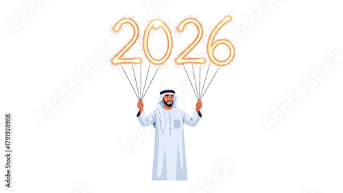 Future Vision: A man in traditional attire joyfully holds aloft balloons shaped as the number 2026, representing the anticipation of future prospects and prosperity.