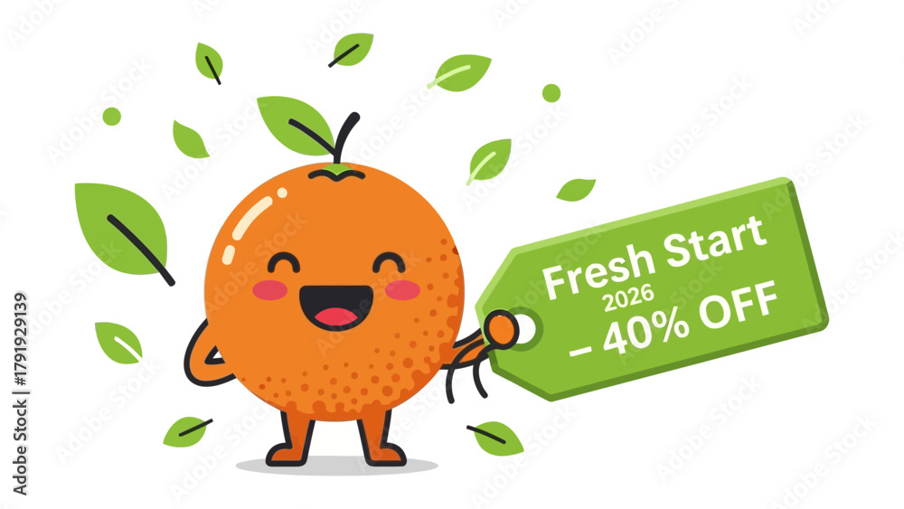 Φωτογραφία Zesty Deal of The Day: An anthropomorphic orange, exuding vibrant energy, gleefully presents a tag with a captivating Fresh Start offer