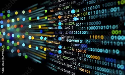 Abstract digital stream of binary code and colorful bokeh lights representing data flow and technological advancement in a dark futuristic environment