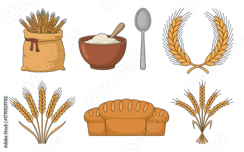 Collection of wheat and bread related icons and illustrations