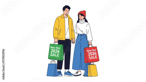 Holiday Shopping Spree: A fashionable couple stands with a vibrant array of shopping bags.  The New Year 2026 SALE message on some bags hinting at festive holiday bargains and cheerful consumerism.