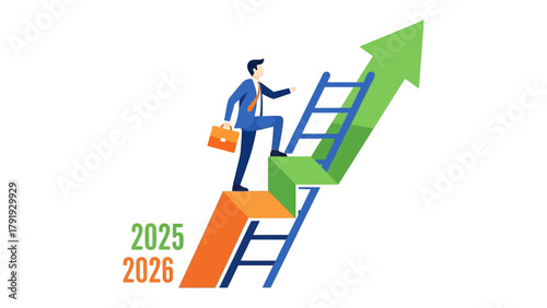 Climbing to 2026: An illustration showcases a determined business person ascending a ladder, with upward-pointing arrow suggesting growth toward future.
