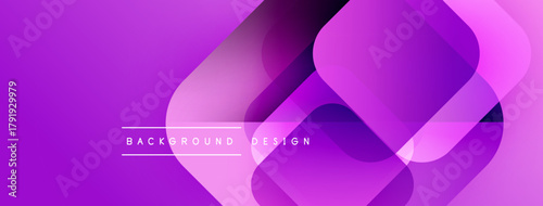 Abstract purple design features overlapping rounded squares. Gradient shades create depth, modern aesthetic. Text reads background design.