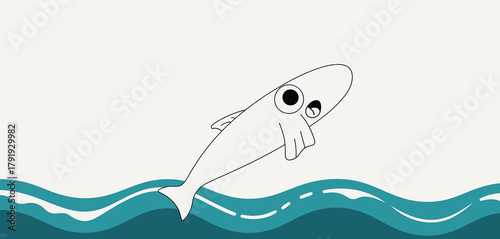 Whimsical cartoon fish jumping out of blue ocean waves with a happy expression