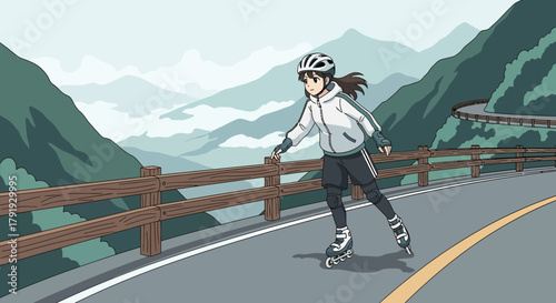 Animated girl roller skating on scenic mountain road with a safety helmet