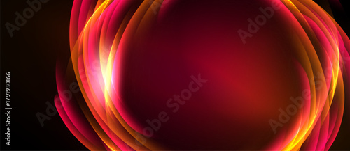 Abstract design features vibrant layers, flowing curves, warm colors. Dramatic lighting creates dynamic visual impact.