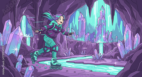 Adventurous crystal cave expedition, cartoon girl on roller skates exploring with joy