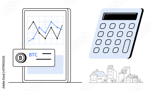 Smartphone with chart and Bitcoin data, calculator, eco-friendly houses. Ideal for financial management, cryptocurrency, sustainability, technology, data analysis, economic trends digital economy