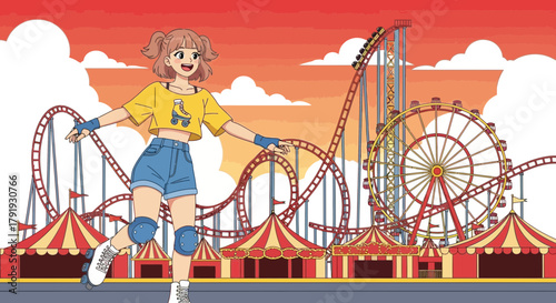 Cartoon illustration of girl on roller skates at an amusement park with vibrant atmosphere