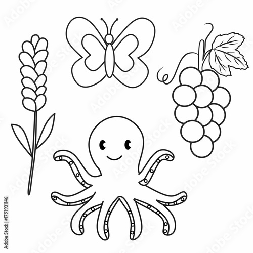 Black and white illustration set for kids featuring objects in purple colo, grapes, octopus, butterfly, and lavender. Perfect for preschool coloring pages and color learning worksheets.