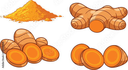 Turmeric root illustration, sliced turmeric vector, turmeric powder clipart, herbal spice drawing, organic ingredient, culinary element, healthy food, cartoon style, vibrant color