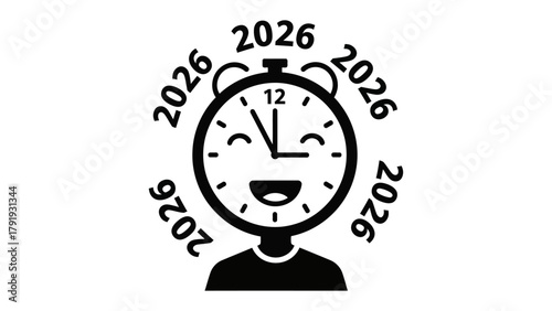 Time's Embrace: An artistic representation where a clock-faced figure, encircled by 2026, radiates joy and anticipation, symbolizing the arrival of a new year. 