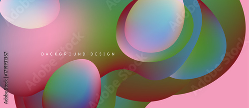 Abstract colorful layers create dynamic background. Overlapping shapes blend pink, green, blue hues. Modern design element.