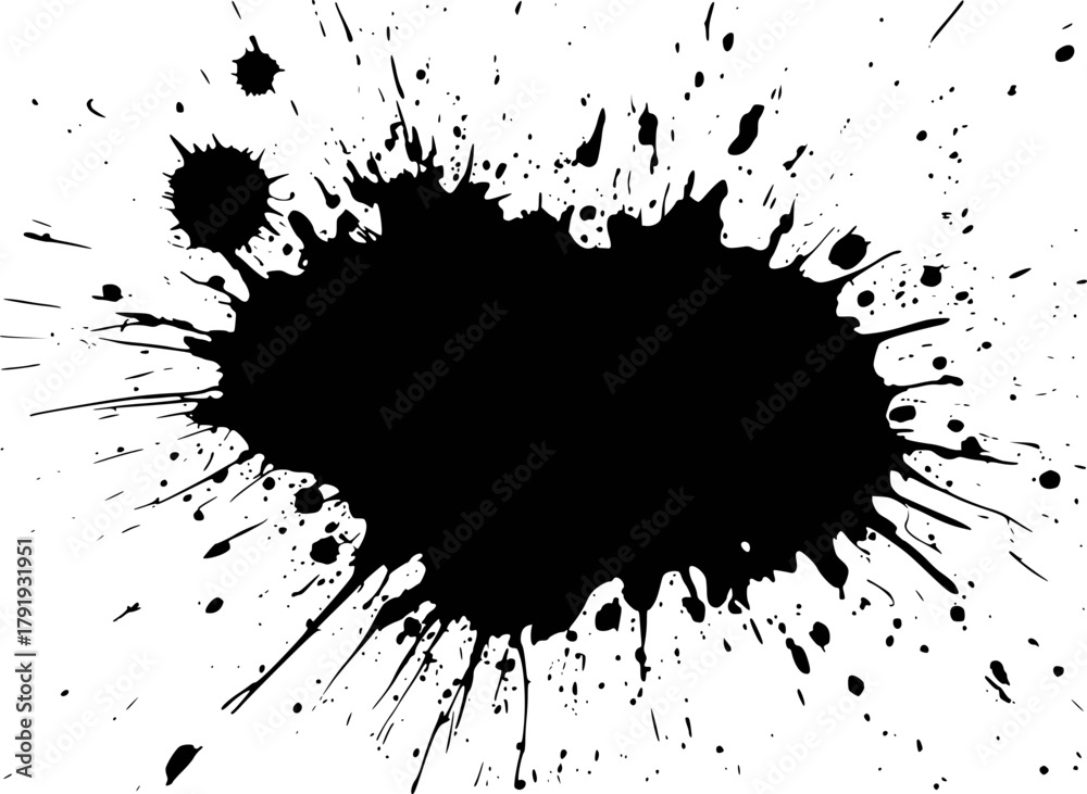Fototapeta premium Black Ink Splatter Blob with Dripping and Spray Effects on White Background