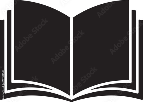 Open book vector icon showing blank pages in a dark silhouette for reading and educational content.